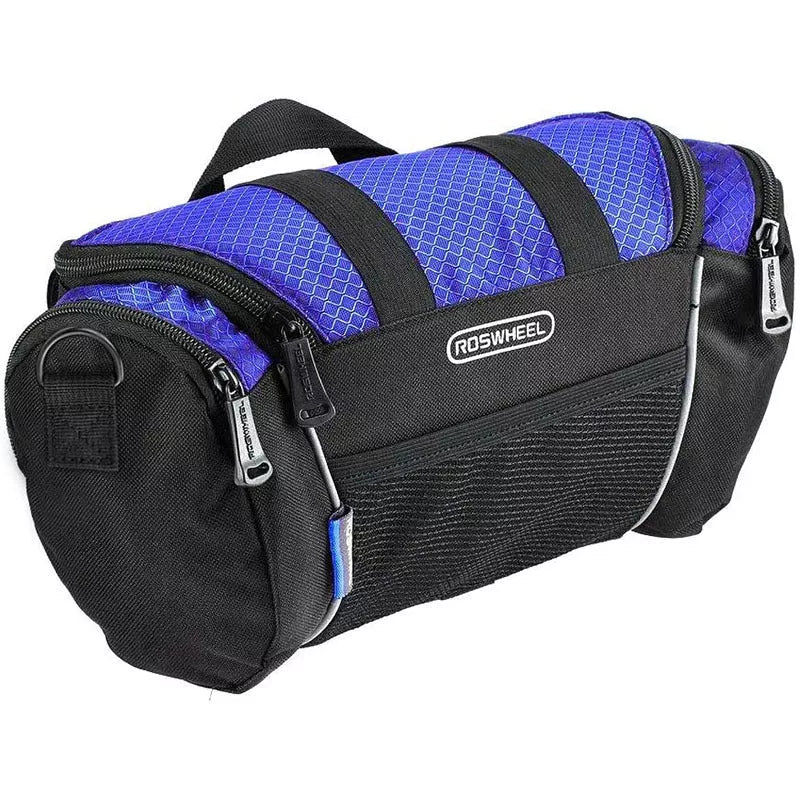 Mountain bike handlebar bag in navy blue and silver gray, durable canvas construction