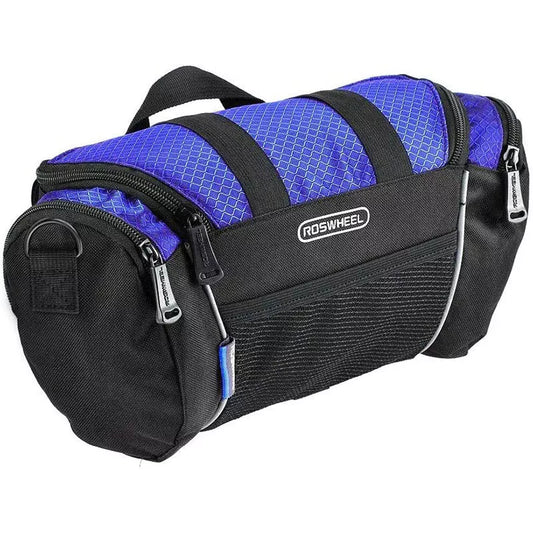 Mountain bike handlebar bag in navy blue and silver gray, durable canvas construction