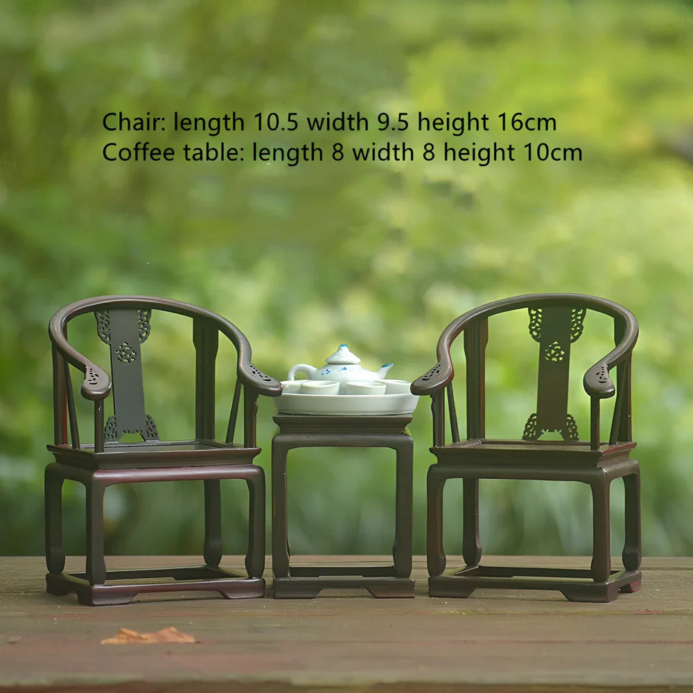 Red rosewood miniature Chinese furniture model with traditional carved details and mahogany construction