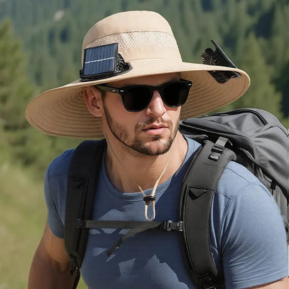 Man wearing a solar-powered fisherman hat with built-in fan for outdoor fishing or hiking