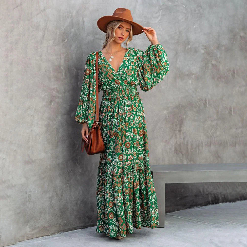 A green halter dress with a vibrant printed pattern and lantern sleeves.