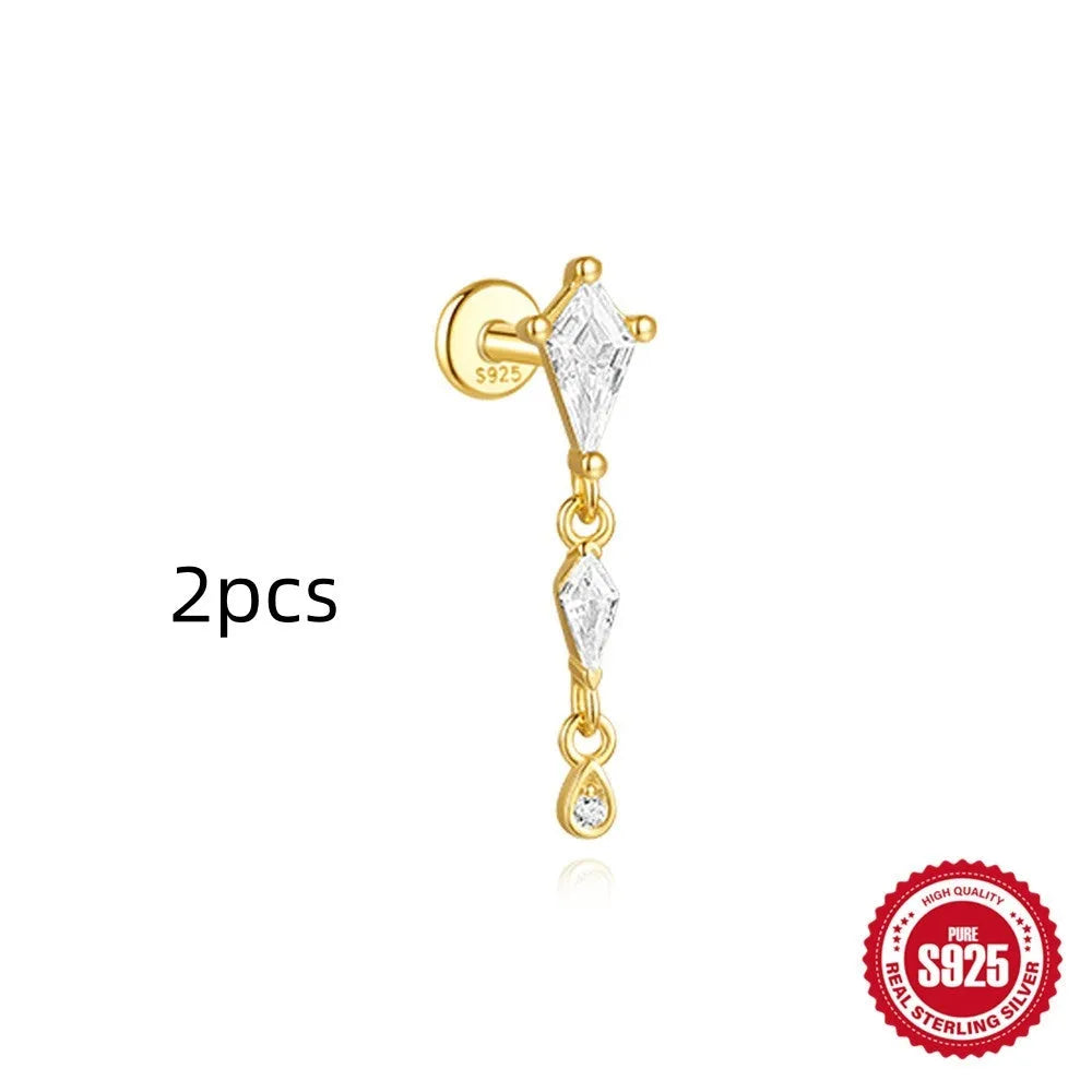 S925 sterling silver geometric kite earrings with rhinestone chain tassel in gold plating