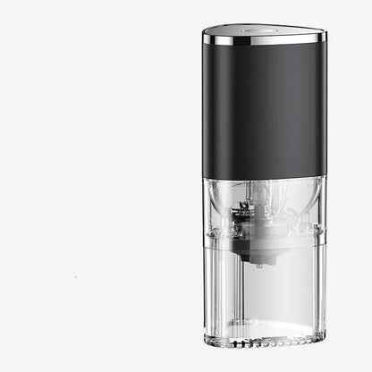 Electric ceramic burr coffee grinder in frosted white or black with USB charging cable