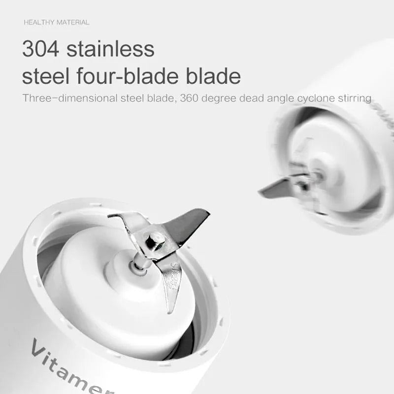 White portable USB rechargeable blender bottle with silicone carrying ring, 350ml capacity.