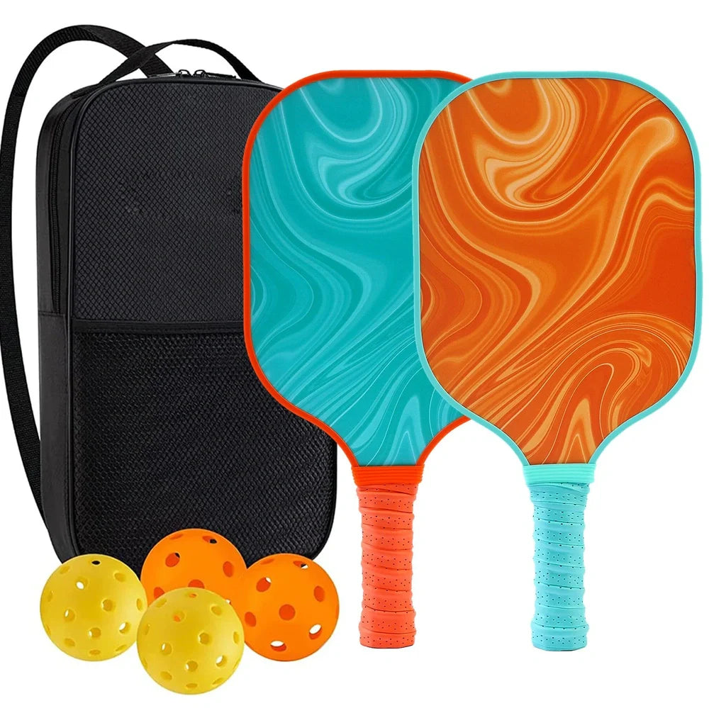 Peak Racket fibreglass squash set showing two rackets and four balls for complete playing equipment