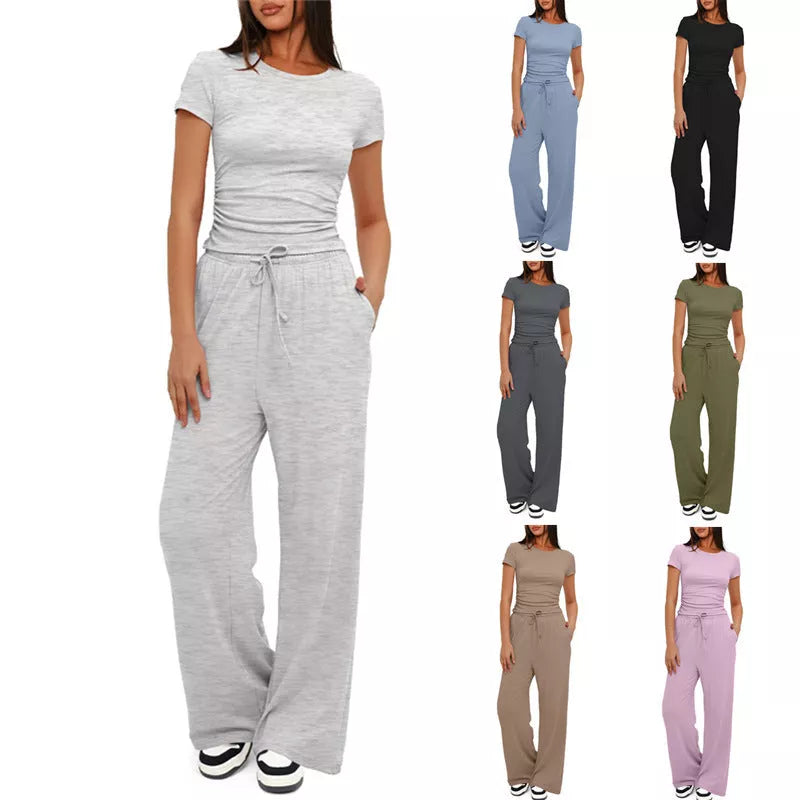 Women's 2-piece solid color yoga set with short-sleeve top and high-waisted pants