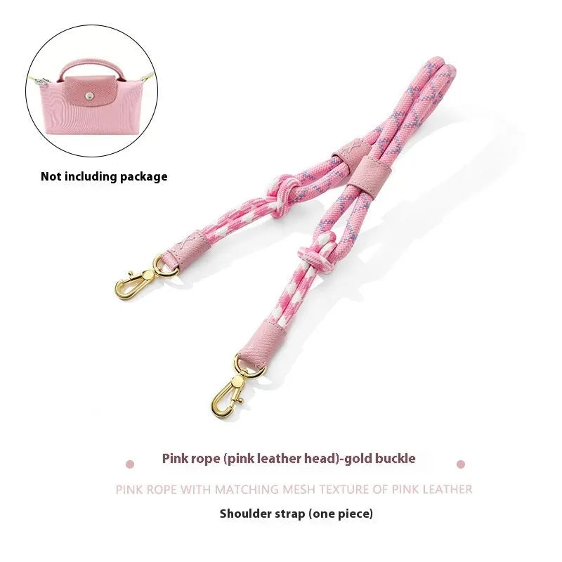 Braided rope shoulder strap with alloy hardware in silver or gold finish options
