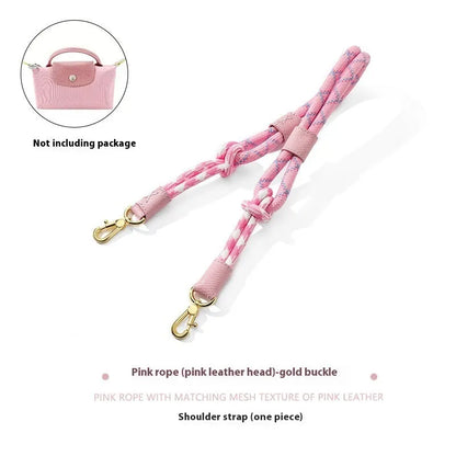 Braided rope shoulder strap with alloy hardware in silver or gold finish options