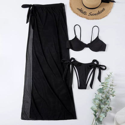 Three Piece Mesh Skirt Bikini in white, orange, caramel, and black colors