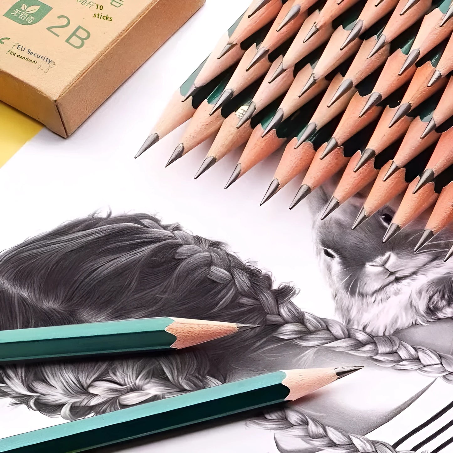 Pack of 10 green hexagonal wooden pencils with HB and 2B graphite cores for drawing and writing