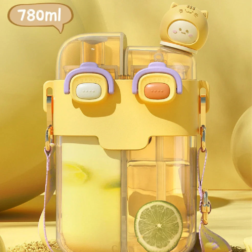 Plastic water bottle with spring cover in coral pink, measures 11.3x20.5x7cm