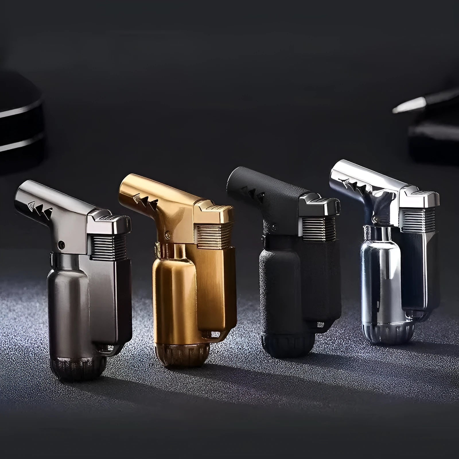 Full metal windproof lighter with straight punch design in black, gold, grey or silver finish