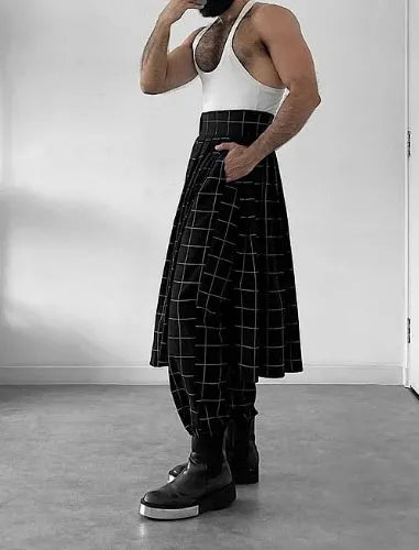 Men's plaid trousers with an apron-style front panel and elastic waistband