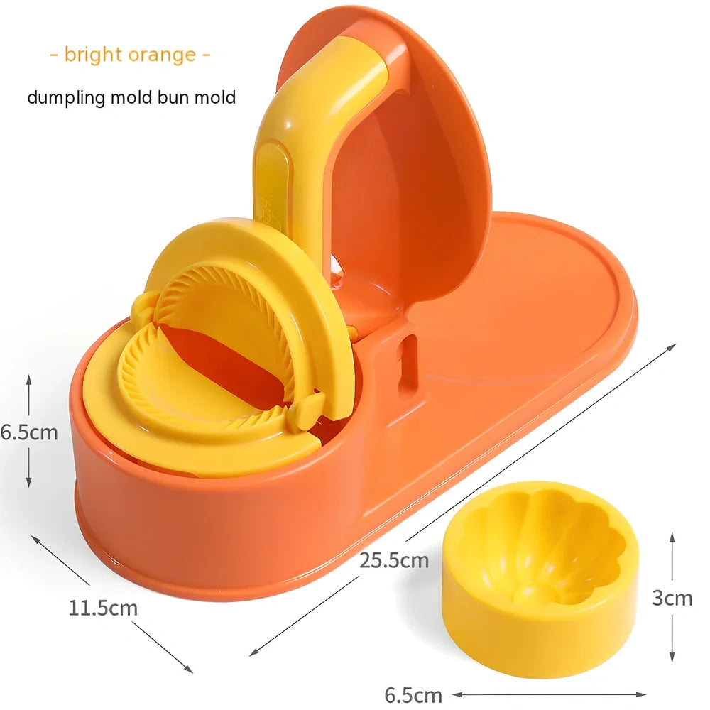 Green dumpling wrapper press machine creating uniform 8cm dough circles on kitchen counter