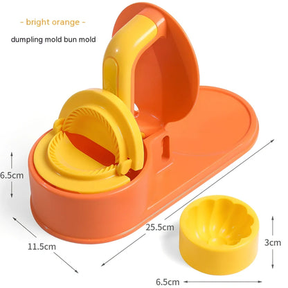Green dumpling wrapper press machine creating uniform 8cm dough circles on kitchen counter