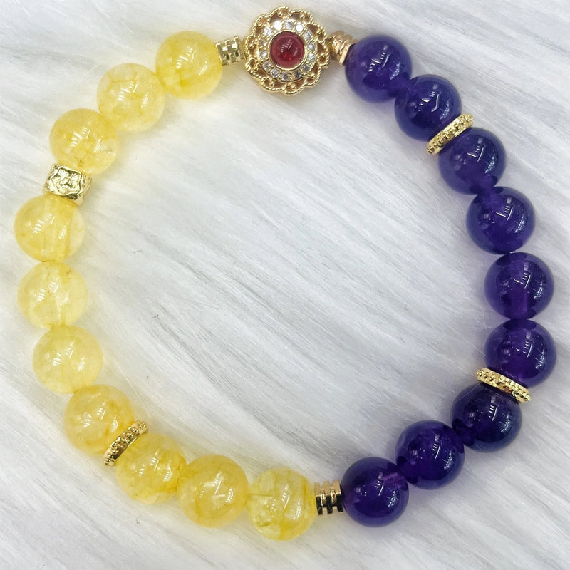 Handmade crystal bracelet for women in yellow and purple colours, an amethyst-inspired design suitable as a business gift or niche personal accessory.