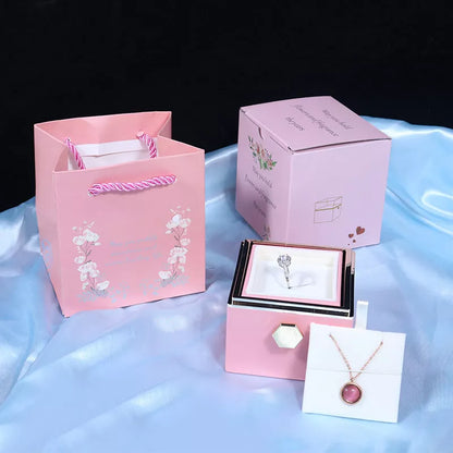 Rotating soap flower rose gift box with jewelry drawer in red, blue, lake blue, or pink