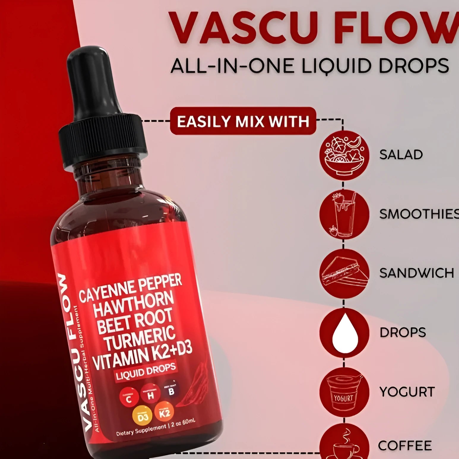 60ml bottle of Vitamin D3 K2 and Hawthorn Fruit liquid supplement drops with dropper