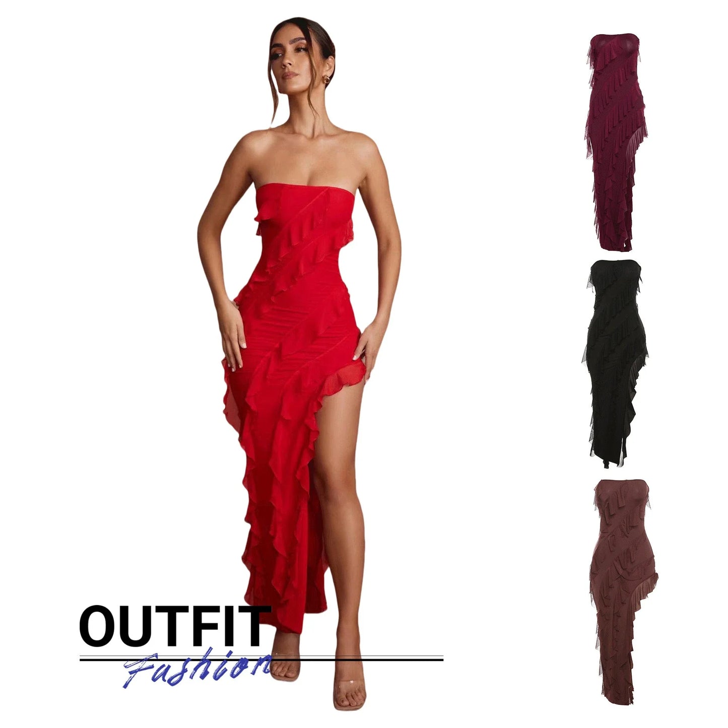 Backless cocktail dress with tassel and split details, available in various colors including black, wine red, red, and brown