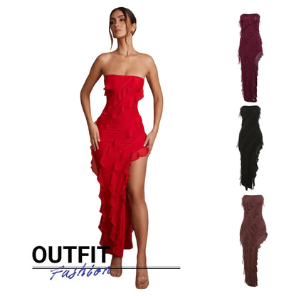 Backless cocktail dress with tassel and split details, available in various colors including black, wine red, red, and brown