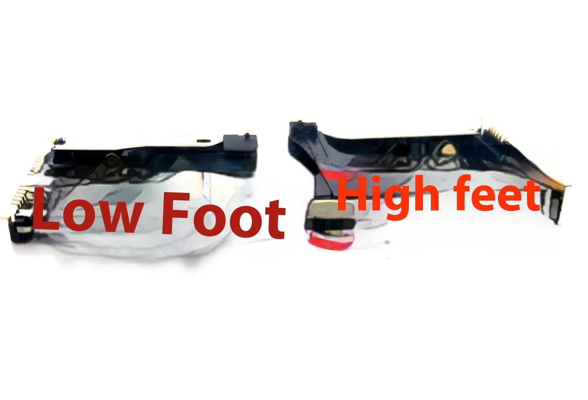 Black alloy camera memory card slot replacement part showing high-foot and low-foot profile options