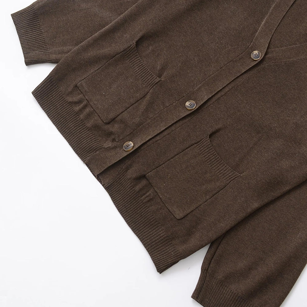 Long sleeve knitted cardigan in dark brown solid colour with conventional sleeve styling
