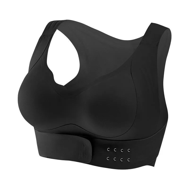 Women's front buckle yoga bra in black, showing back shaping design and fixed double straps.