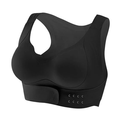 Women's front buckle yoga bra in black, showing back shaping design and fixed double straps.