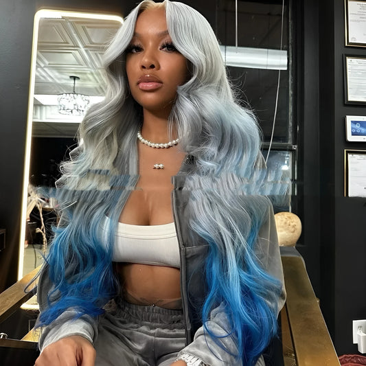Gradient grey blue human hair wig with straight Ruili style on 4x4 lace front cap