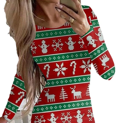 Women's Christmas printed dress with animal pattern, round neck, long sleeves, and floral colours