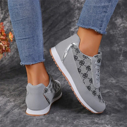 Women's flower print lace-up sneakers in grey and camel colors