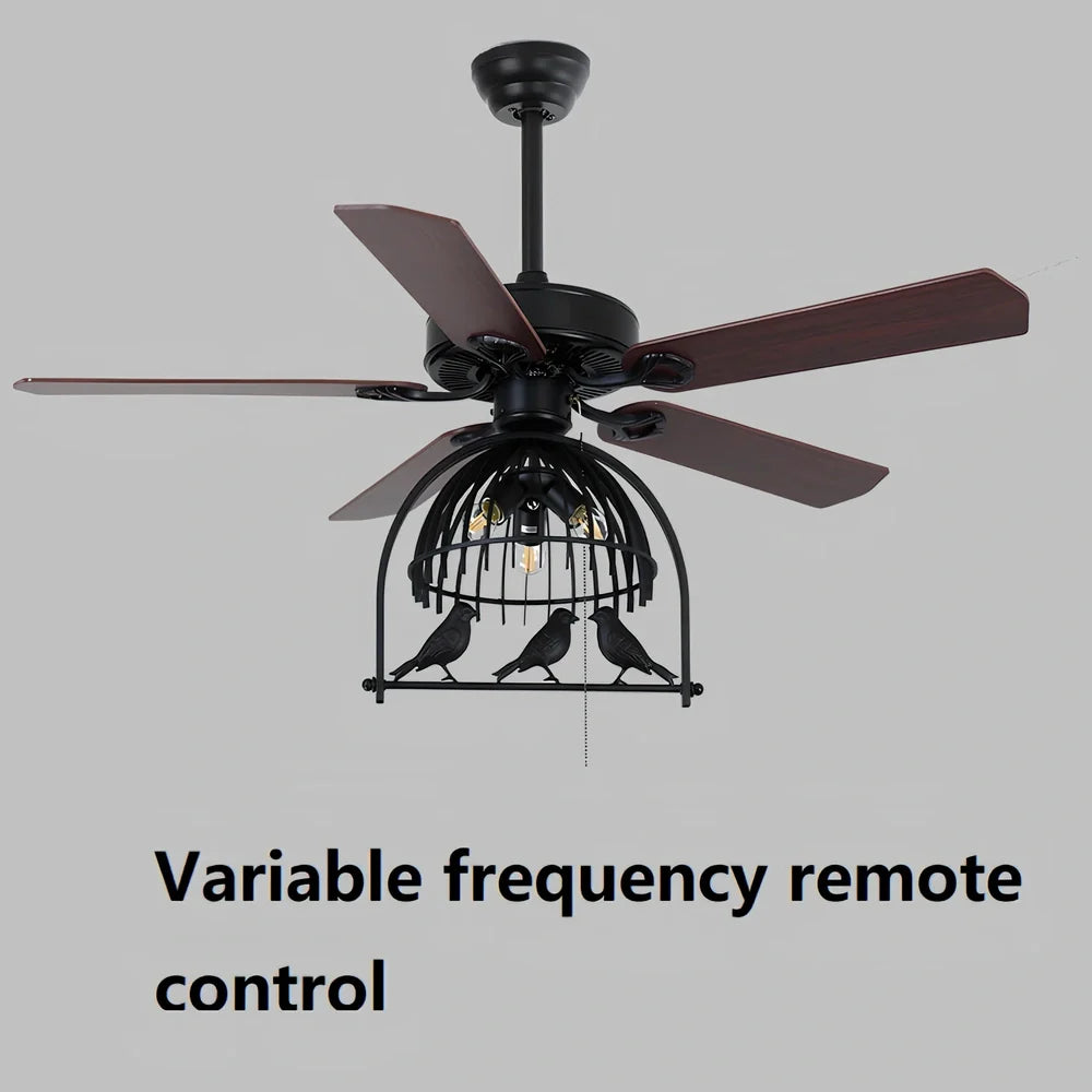 Retro industrial ceiling fan with five wooden blades, bird cage housing, and remote control