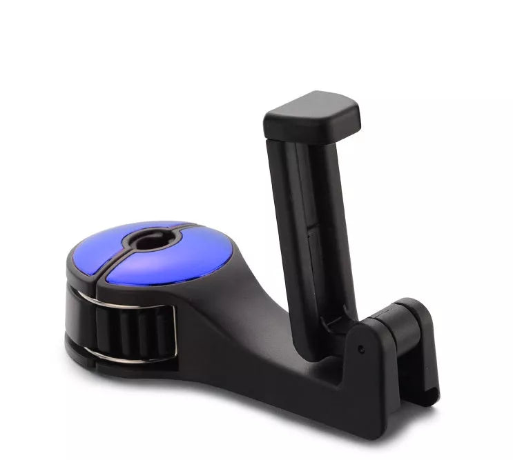 360° rotating car headrest hook phone holder in black, beige, red, or blue