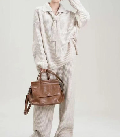 Sweater suit set with top and trousers in acrylic fibre imitation cashmere fabric, available in dark grey, grey, beige, or dark coffee
