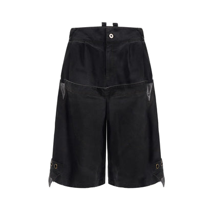 Men's black double waist loose cropped pants with mid-high waist and micro-elastic fabric