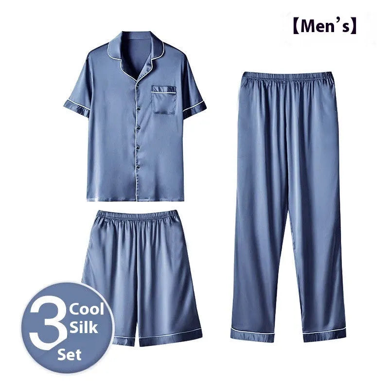 Men's black ice silk three-piece home wear set featuring a loose-fitting top with matching trousers and shorts.
