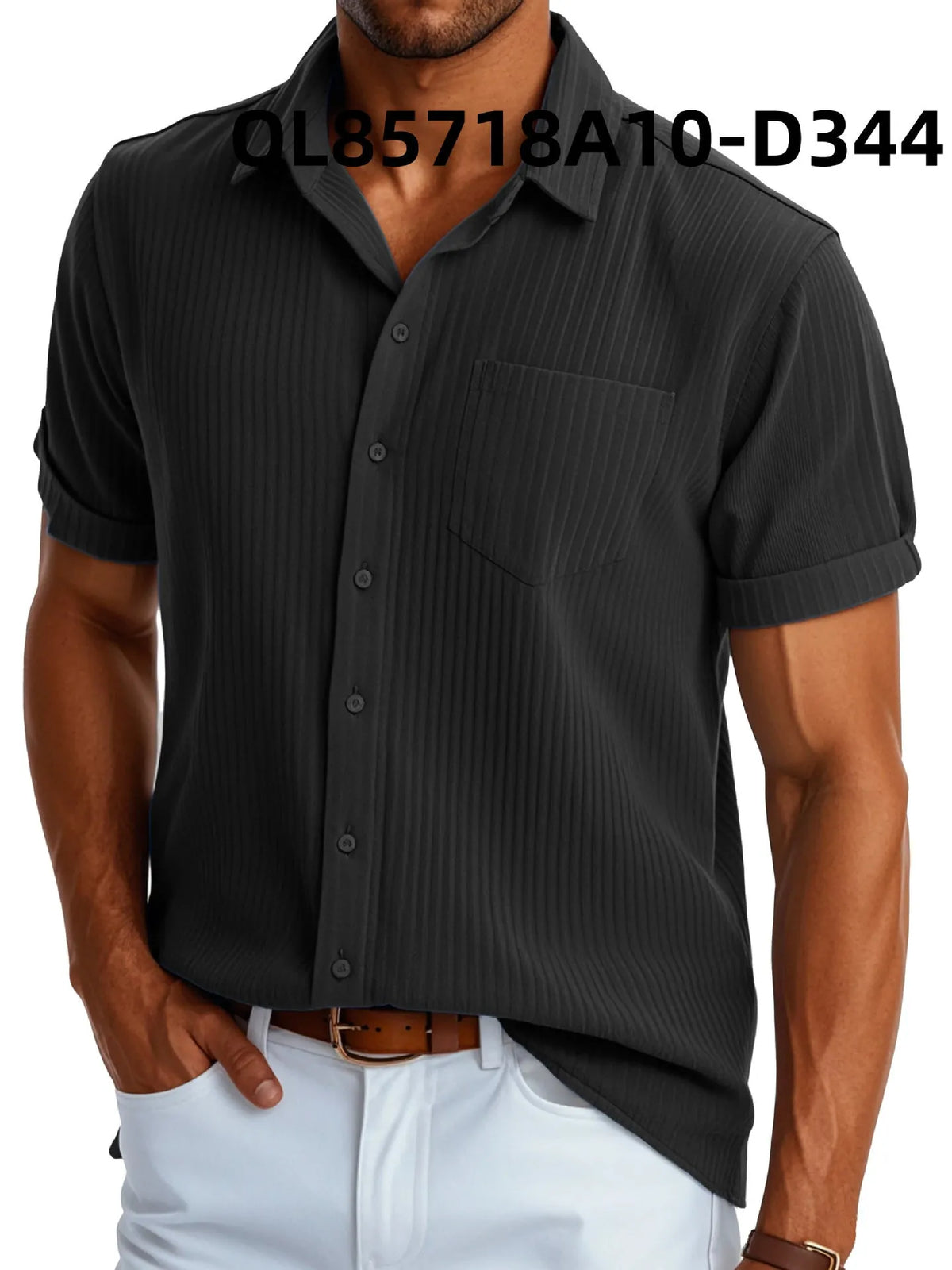 Man wearing a loose fit printed short sleeve lapel shirt in a casual setting