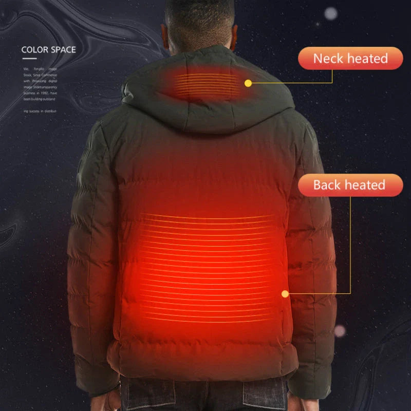 Electric heated down jacket with USB-powered heating system, available in grey, black, and army green colors, sizes M to 7XL