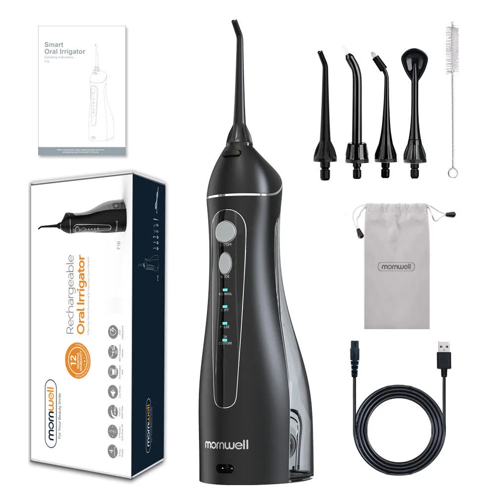Black ProOral Mornwell portable oral irrigator water flosser with nozzle.