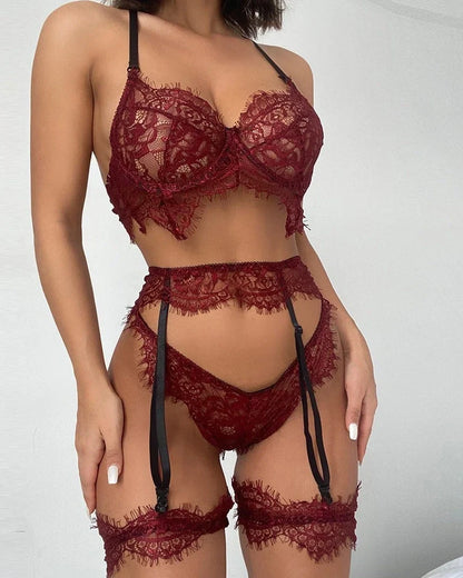 Wine red lace lingerie set with vest and shorts showing lace texture and three-point style design