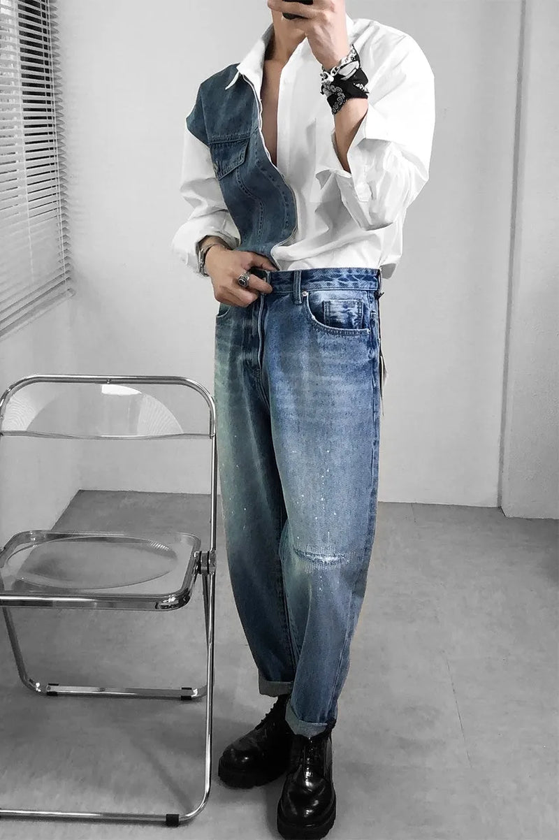 Longdaodao Men's Denim Splicing Long Sleeve Shirt White Spring Casual Top M L XL 2XL