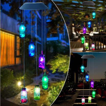 Solar-powered wind chime garden lamp with hummingbird design, automatic day-night operation, waterproof construction
