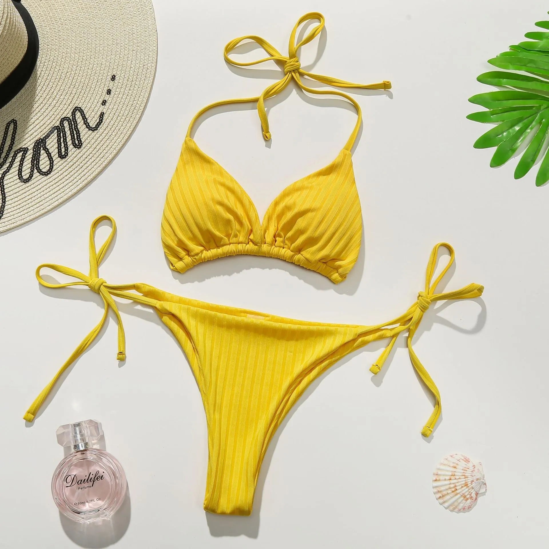 Yellow and dark green solid colour women's triangle banded polyester bikini swimsuit