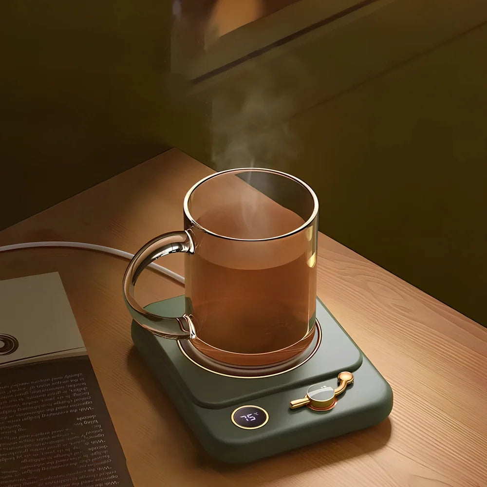 Desktop digital display warming pad with white plated collage surface showing temperature status