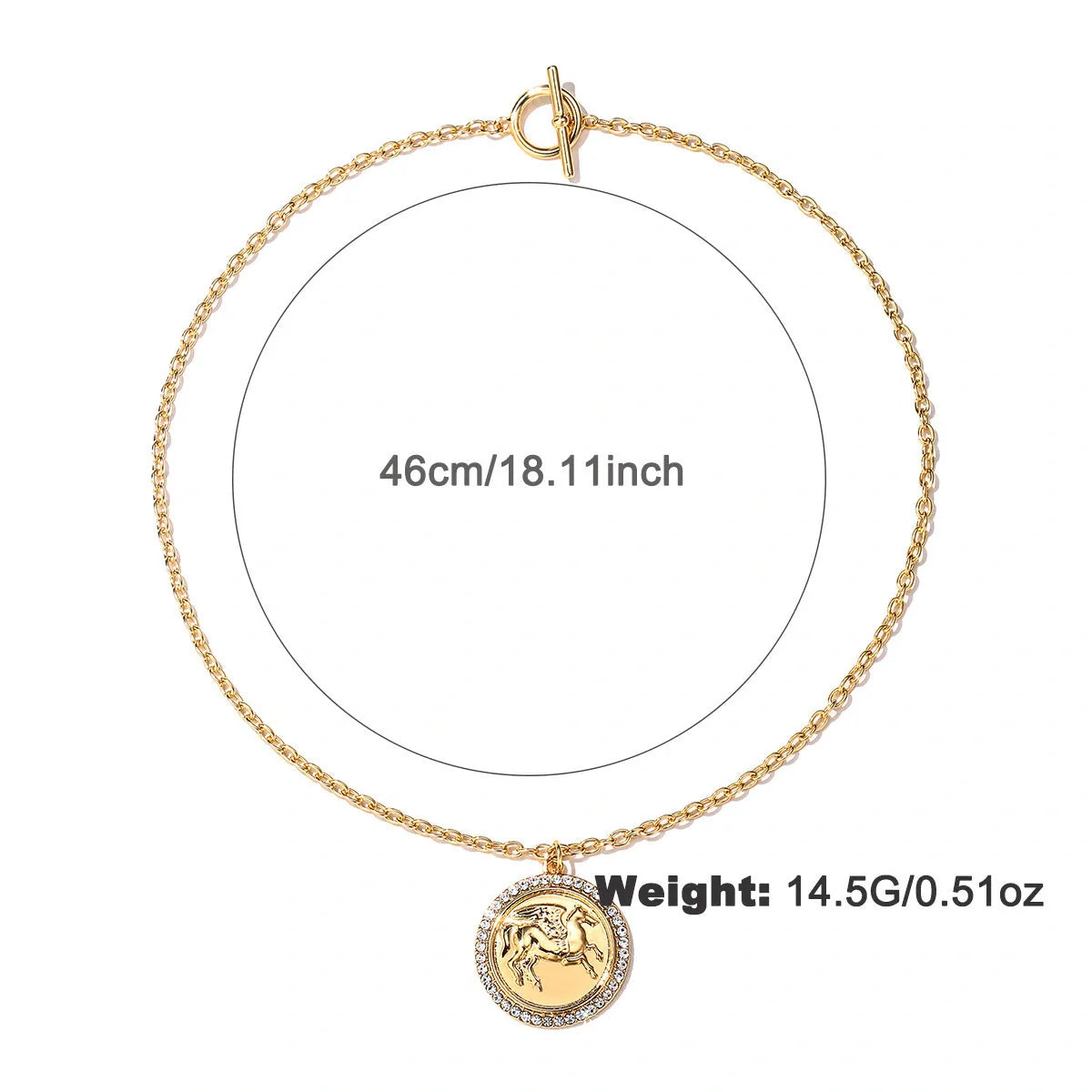 Intricate Pegasus coin pendant necklace and earrings set with classic O-chain design in alloy metal