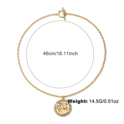 Intricate Pegasus coin pendant necklace and earrings set with classic O-chain design in alloy metal