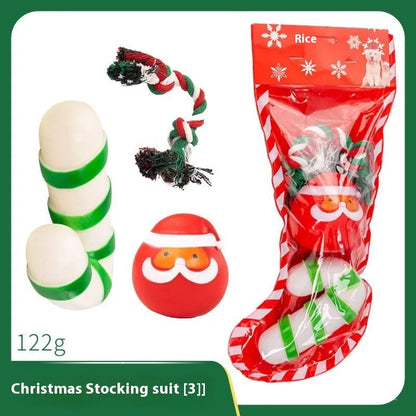 Christmas vinyl dog chew toys set with Santa heads, trees, balls and bite ropes for medium to large dogs