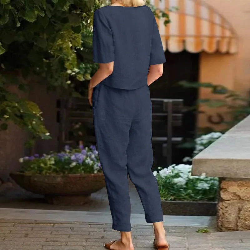 Stylish wide-leg cotton and linen jumpsuit for women in various solid colors