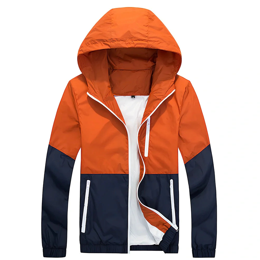 Men's lightweight hooded trench jacket in multiple colours showing front zip and hood design