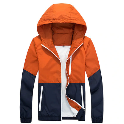 Men's lightweight hooded trench jacket in multiple colours showing front zip and hood design